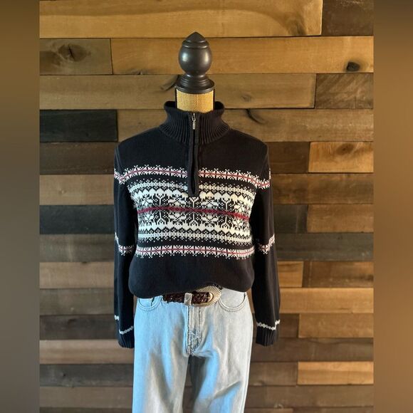Vintage Croft & Borrow Snowflake Knit 1/4 Zip Black & Maroon Sweater Size Large - Picture 3 of 8